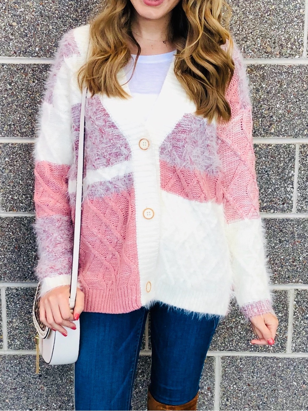Cozy Pink & White Colorblock Button-Up Cardigan